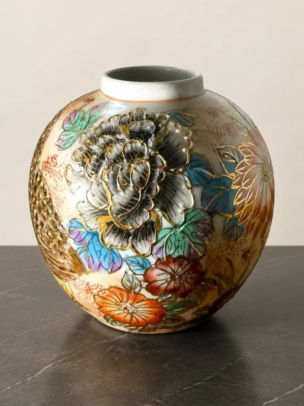 Vintage Chinese Export Partridge Chrysanthemum Hand-Painted Porcelain Vase